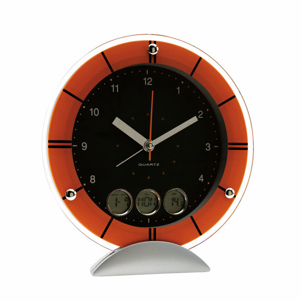 Tischuhr "Meteora": mit analoger Zeitanzeige, digitaler Datumsanzeige, Kalender und Thermometer